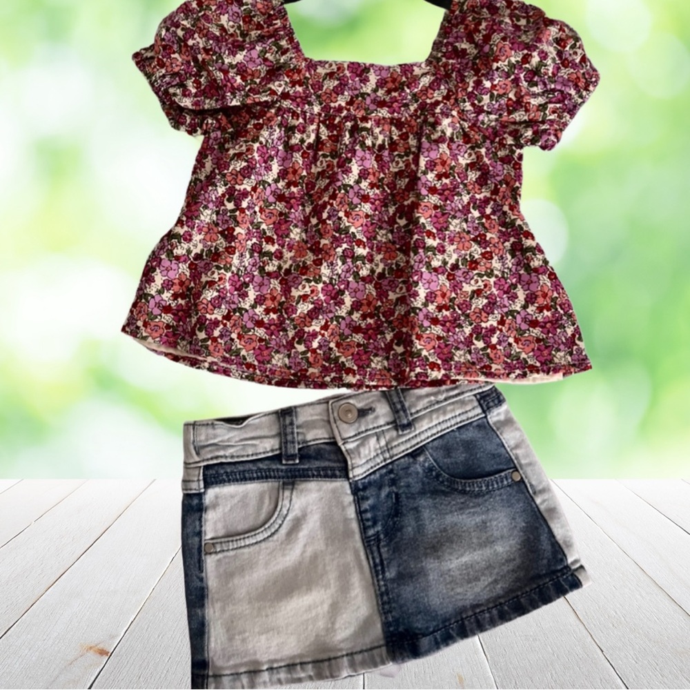 NWT 2pc Baby Girl Denim Skirt Attached Shorts & Smocked Floral Cotton Top 18 mo